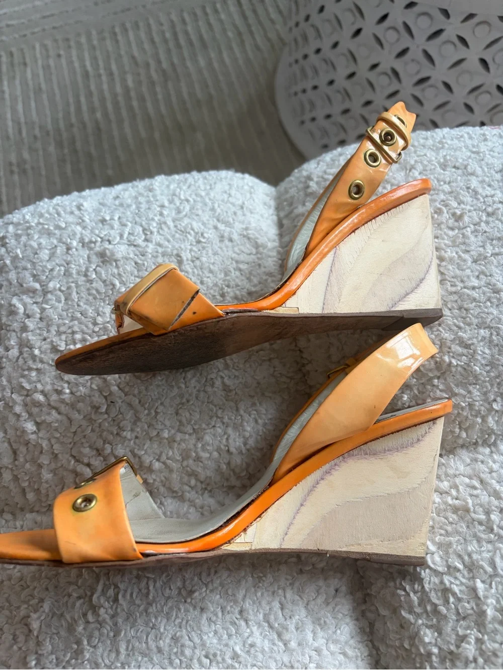 Miu Miu Orange Patent Leather Wedge Sandals with Gold Grommets